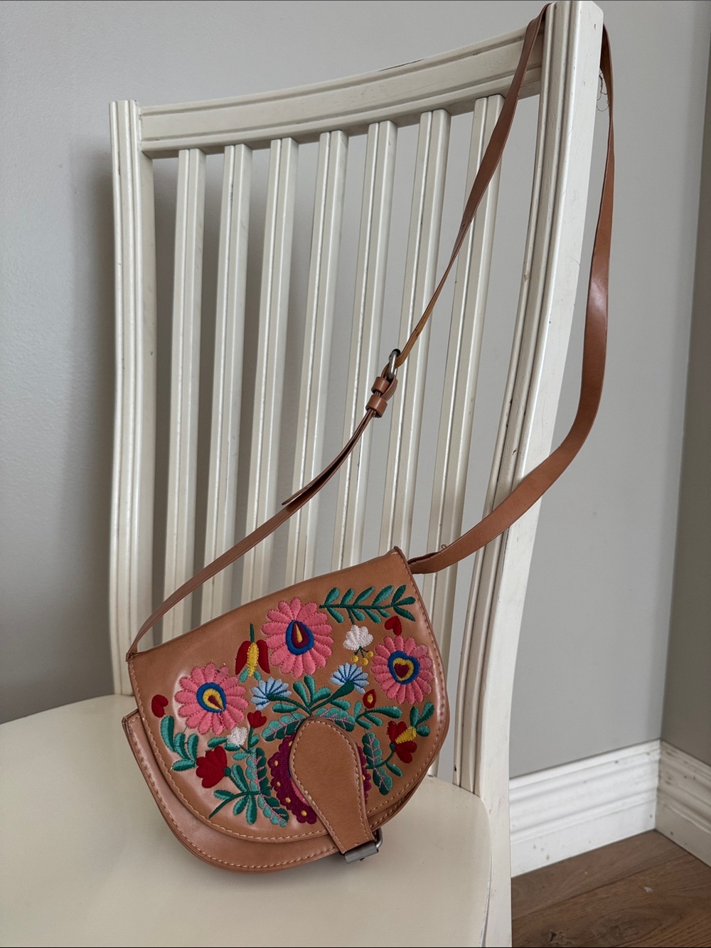 Zara Tan Floral Embroidered Kids Crossbody Bag